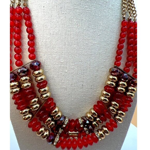 Vintage Napier Multi-Strand Red Bead & Gold-Tone Statement Necklace.  C14 - Picture 5 of 13